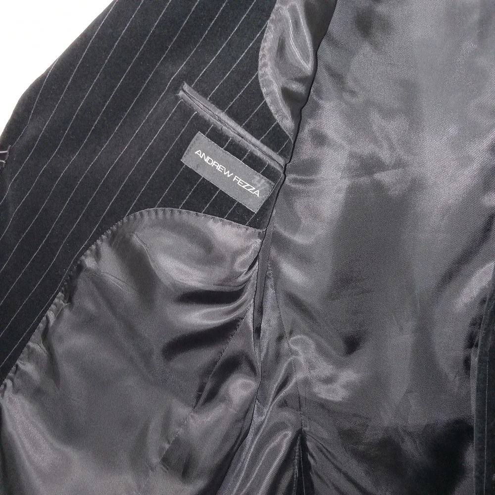 Andrew Fezza Velvet Pinstripe Blazer Mens 42R Black Luxury Sport Coat